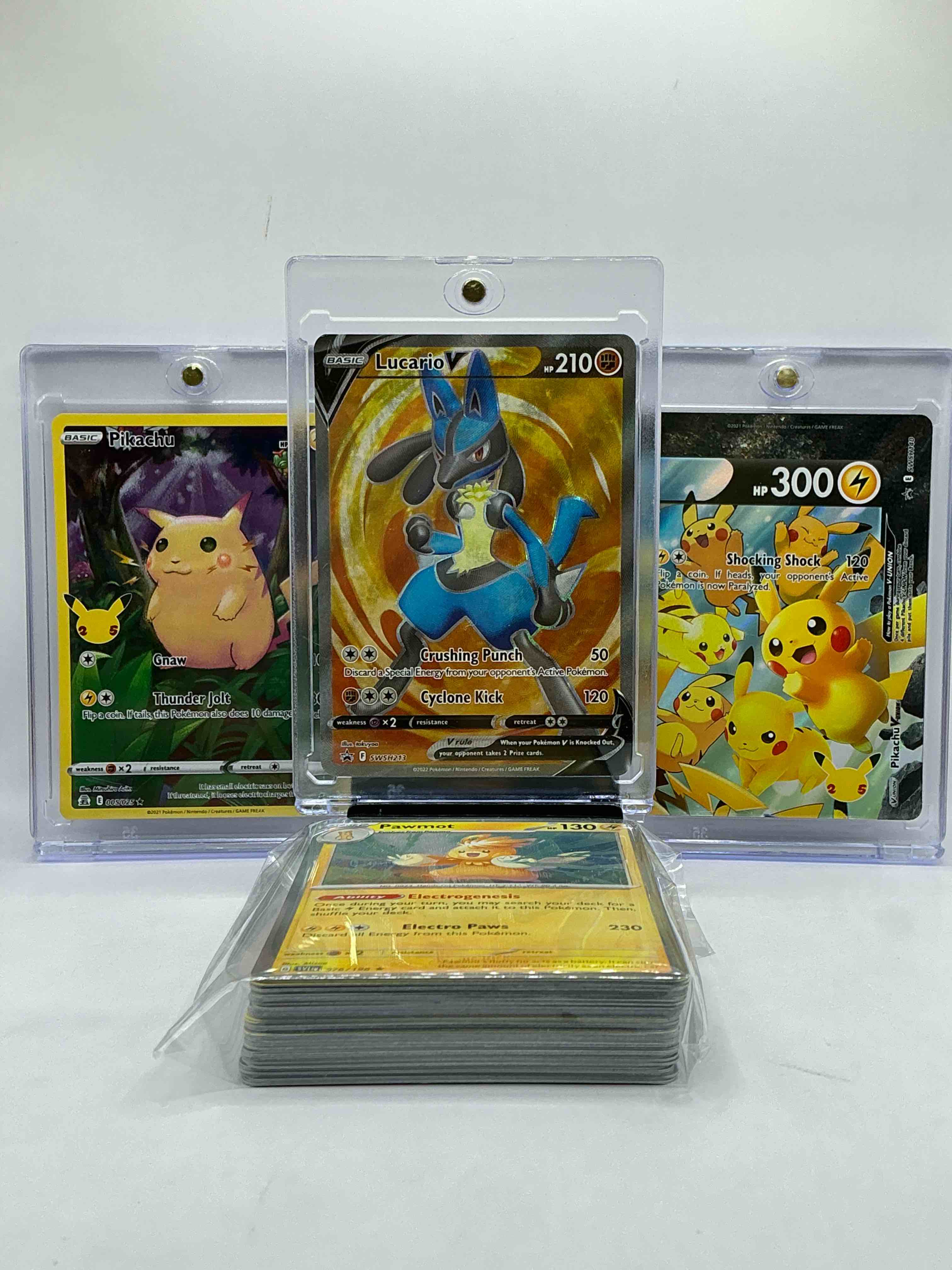 Lucario V, Pikachu V & Full Art Pikachu! Along With 50 Other Pokémon Heroes, Holos, Legends & Commons- Including Holographic Cards, Stage 2 Cards, Holos In All Forms & More! Also Includes 36 Non Holo Common/ Uncommon Basic & First Stage Cards Trainers & Energy Too! Perfect Set For Collectors & Enthusiasts!