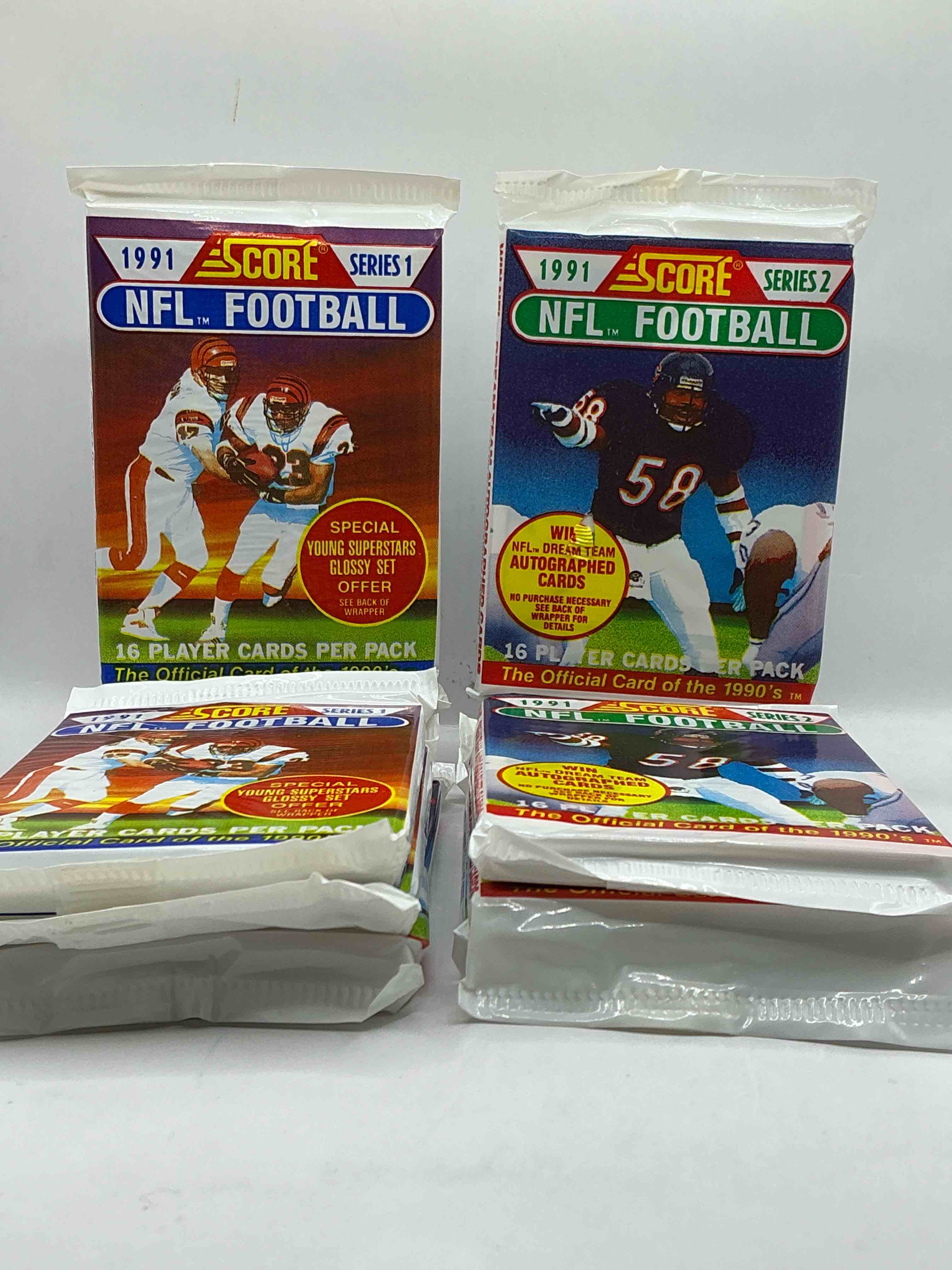 1991 nfl score football sealed card packs series i & ii direct from original retail case! these cards are sought after by collectors for their awesome, nostalgic look. search for brett favre rookie, early jerry rice, early emmit smith, joe montana & so much more!