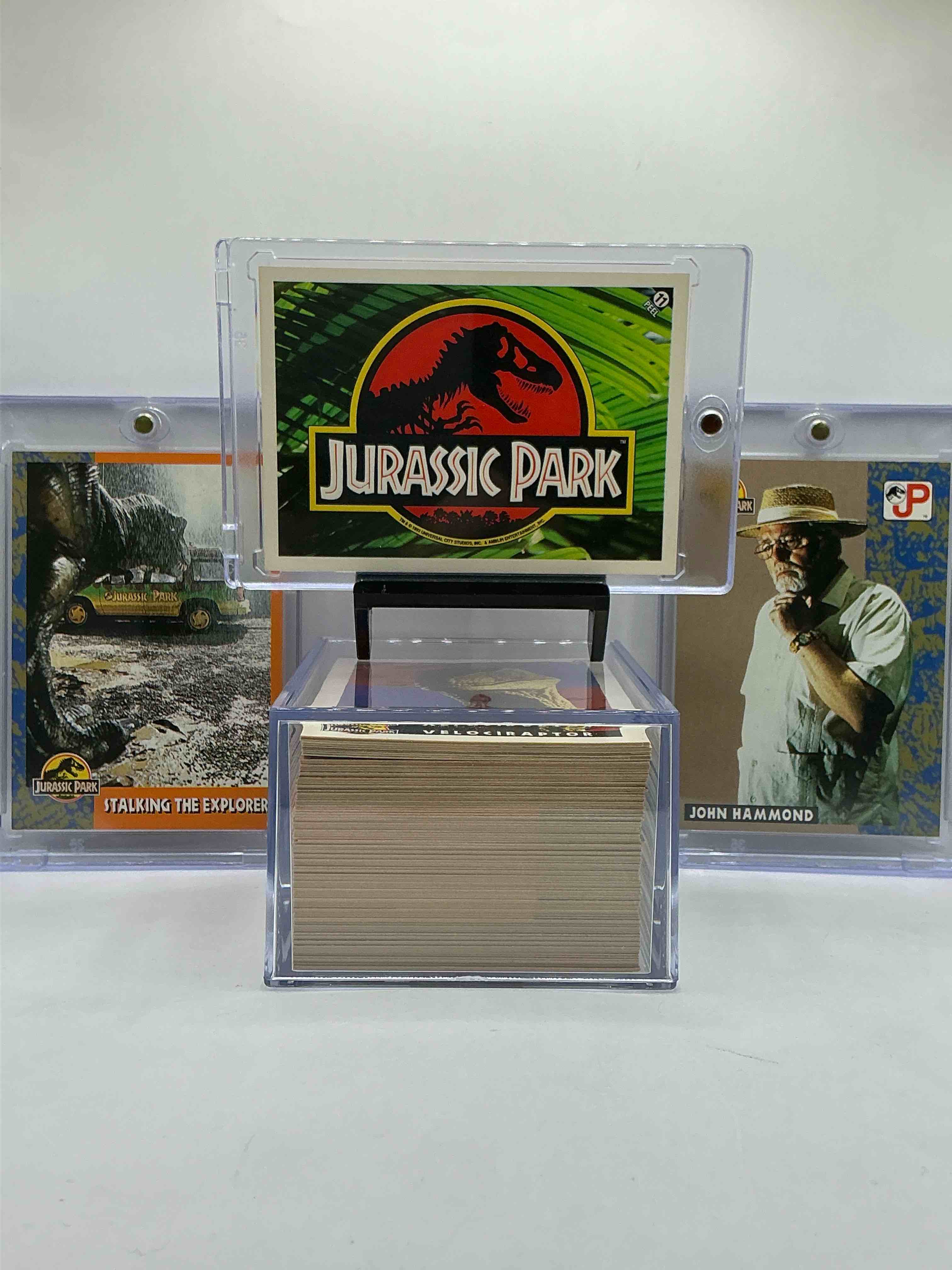 1993 dinosaur history! complete, authentic, original jurassic park movie card & sticker set, excellent condition! own a piece of spielberg’s masterpiece! a serious pop culture collector item & very rare & hard to find with all 88 cards & 11 stickers!