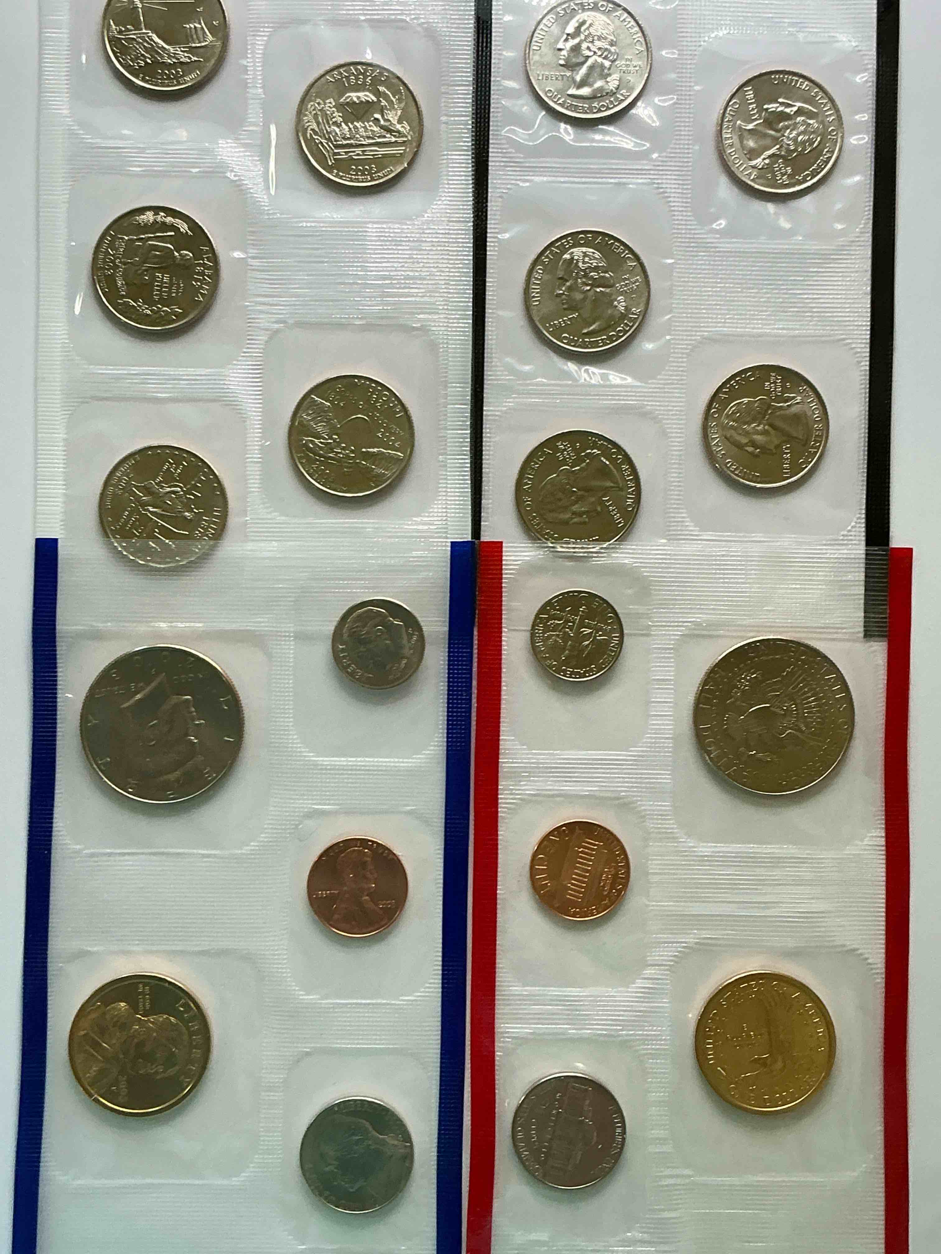 2003 uncirculated mint coins! 20 coins from philadelphia & denver! 20 coin uncirculated lot, with state quarters, nickels, half dollars, dimes, pennies & more! uncirculated coin craziness!