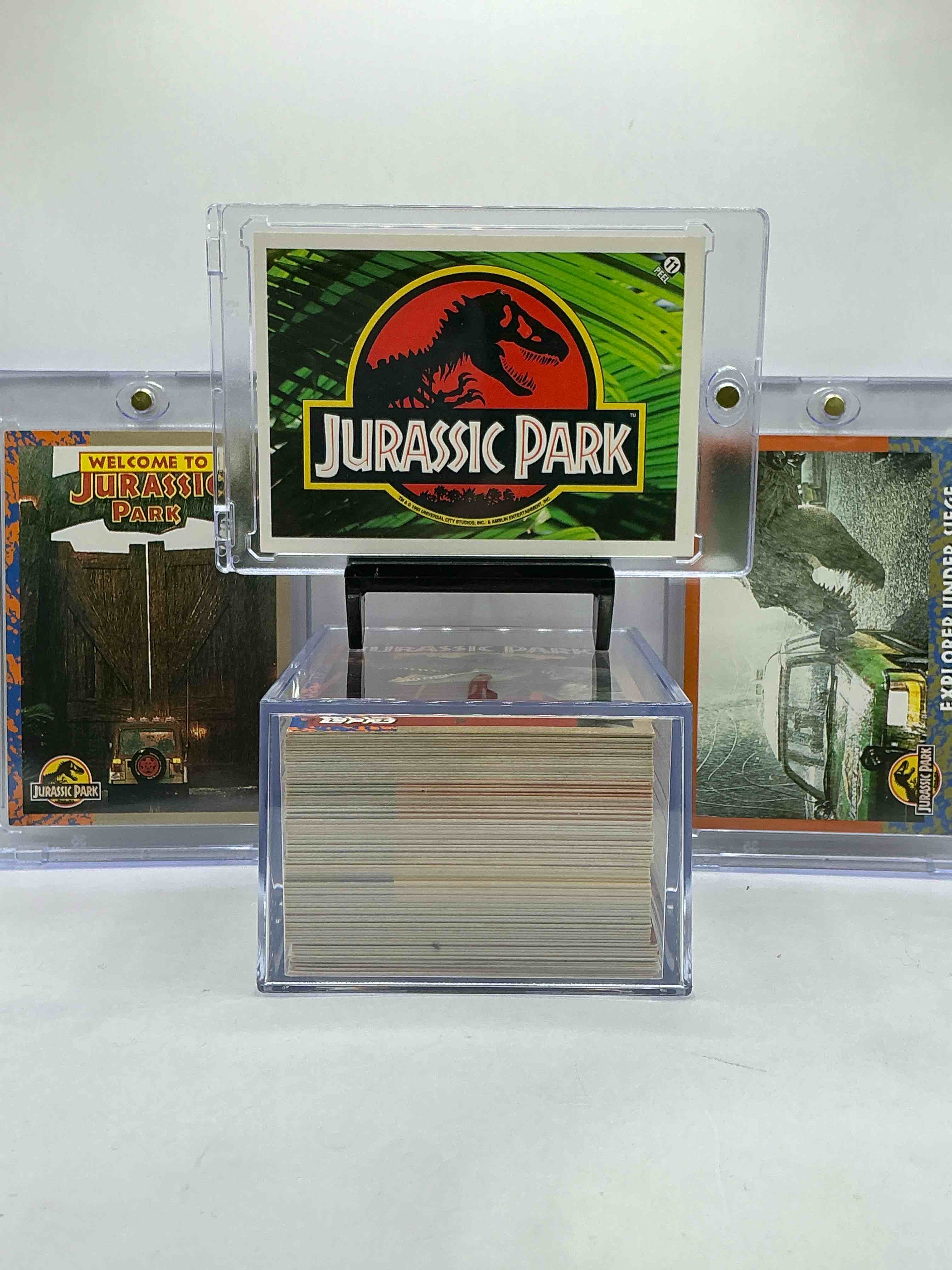 1993 dinosaur history! complete, authentic, original jurassic park movie card & sticker set, excellent condition! own a piece of spielberg’s masterpiece! a serious pop culture collector item & very rare & hard to find with all 88 cards & 11 stickers!