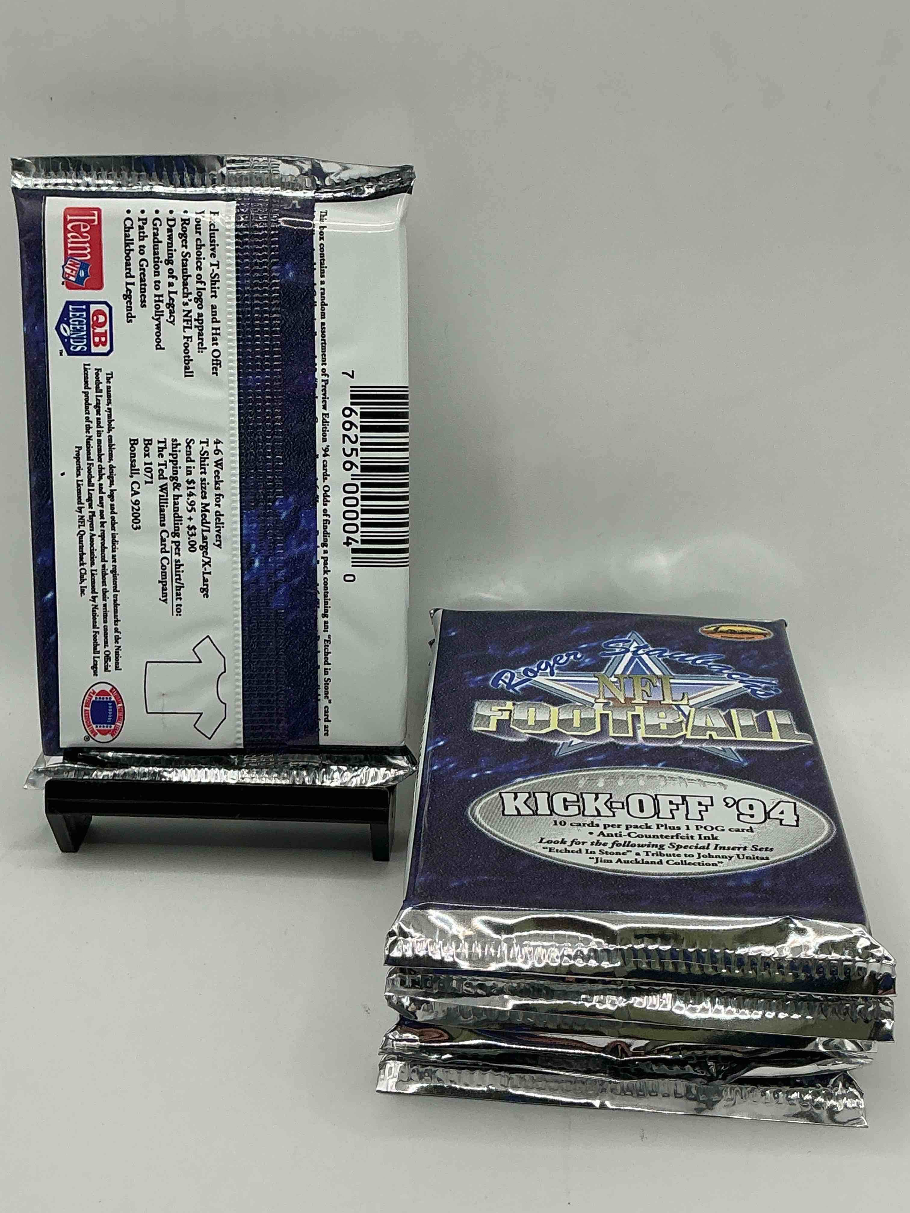 Condition photo showing New/Like New for roger staubach nfl football kick-off 1994 packs, direct from box! football packs, search for legends, stars, roger staubach cards, rookies & more! football packs! wow!