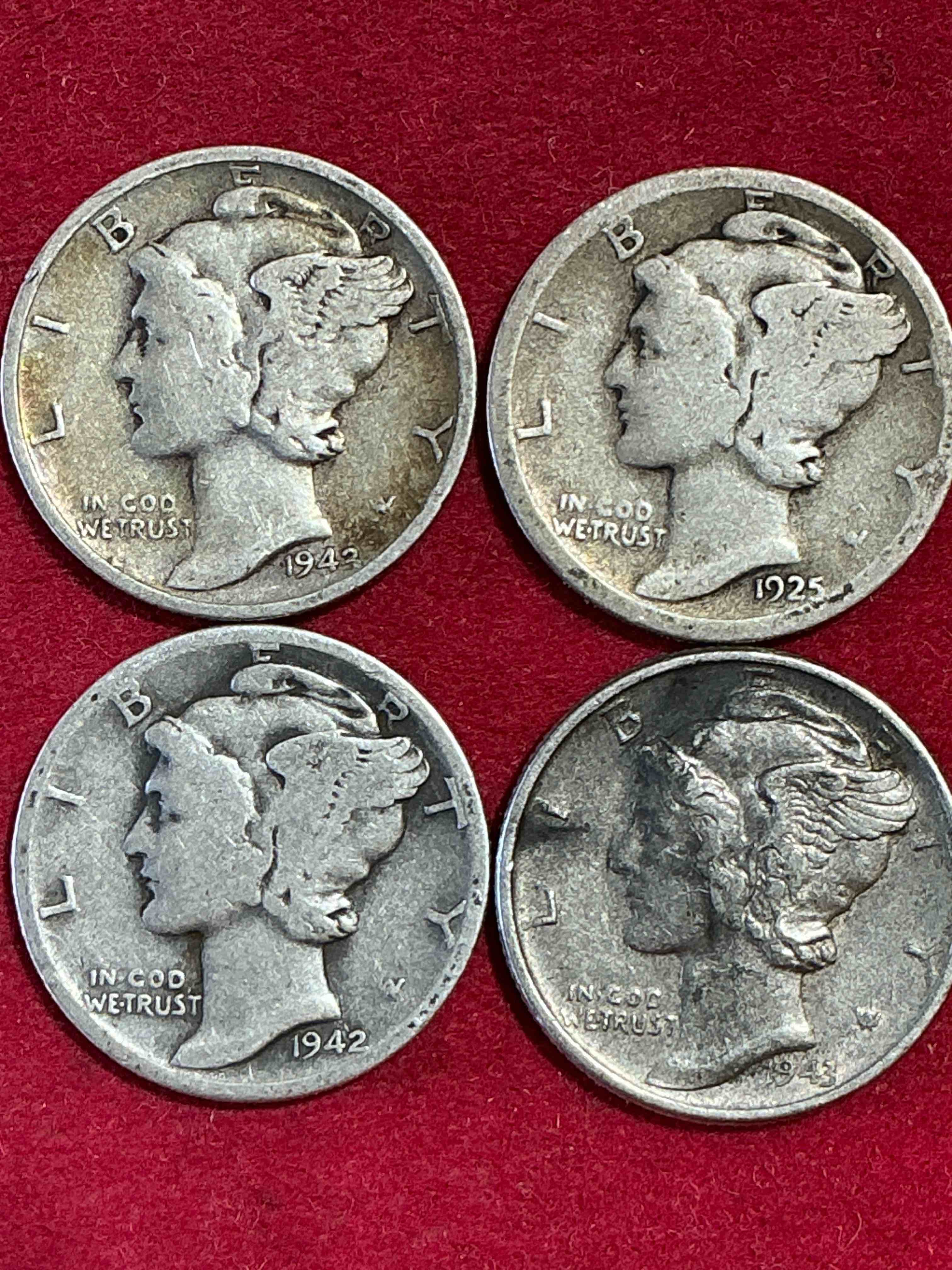 antique u.s. pure fine silver mercury dimes! silver mercury dimes were minted from 1916-1945 & have become serious collector items! check out these awesome examples, all in nice, circulated condition with visible dates & varying years! rare to have visible dates! makes for a great investment in precious metals, mercury dimes are 90% pure fine silver! they don't make em' like this anymore!