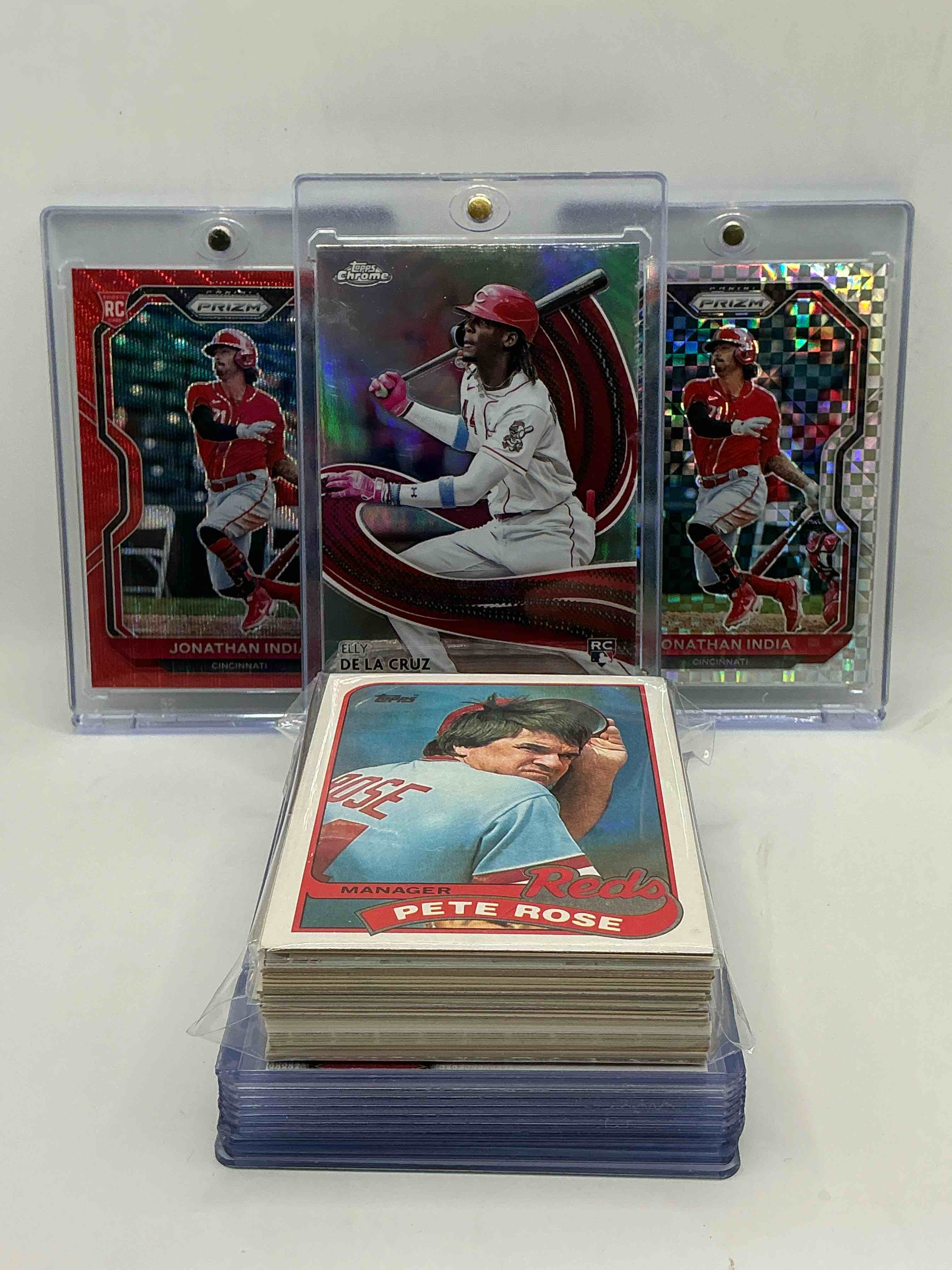 Reds Rambunctiousness! 2024 Topps Chrome Strokes Elly De La Cruz Rookie! 2021Prizm Red Shimmer Rookie Jonathon India Numbered 94/99! 2021 Prizm Silver Shimmer Numbered 73/75! Along With 50 Other Reds Heroes, Legends, Rookies & Commons!