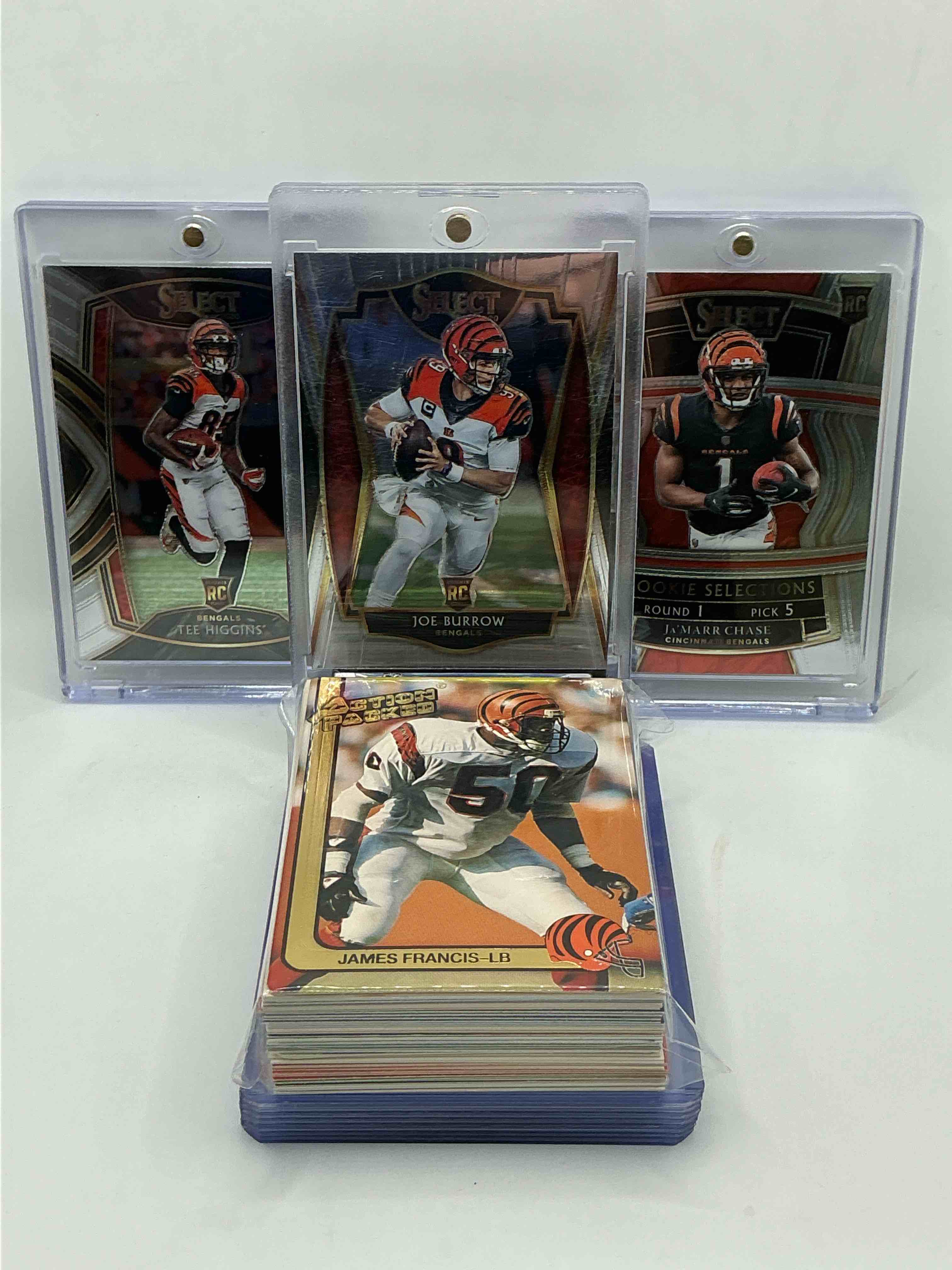 Bengals Bonanza! 2020 Select Premier Level Rookie Joe Burrow! 2021 Select Rookie Selections Ja’marr Chase! 2020 Select Club Level Rookie Tee Higgins! Along With 50 Other Bengals Heroes, Legends, Rookies & Commons!