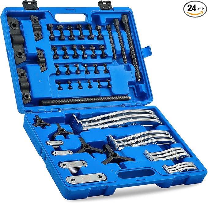 Orion Motor Tech Gear Puller Set, 3" 4" 6" 8" Bearing Puller Kit, 24pc 2 Jaw & 3 Jaw Gear Puller with Reversible Jaws, Heavy Duty Pulley Puller Tool for Pulley Gear Bearing Flywheel Removal