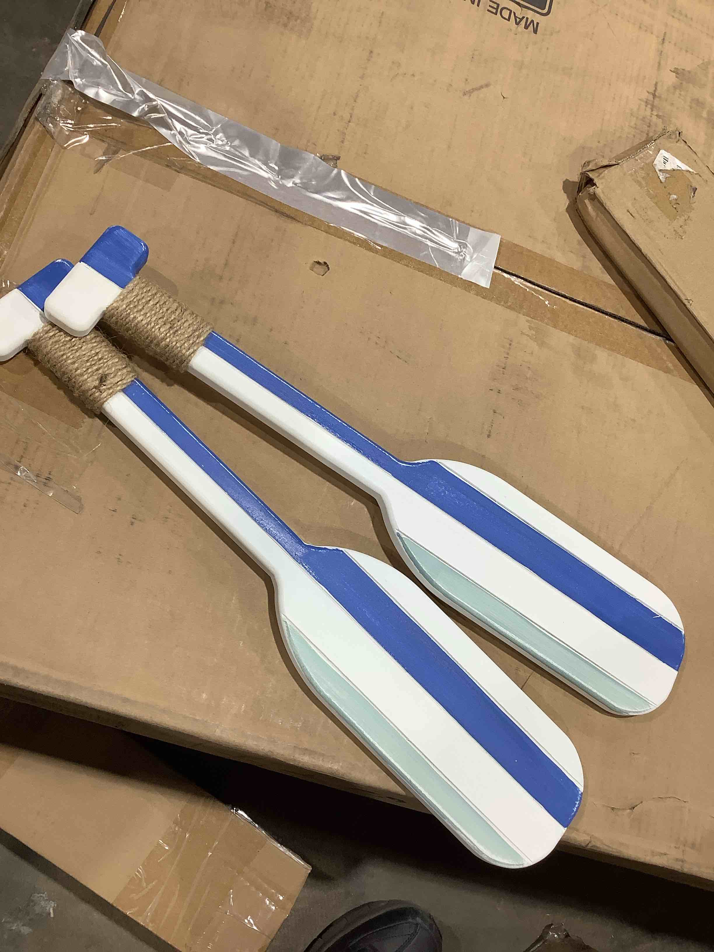 Condition photo showing New/Like New for Meching 2 Pack 19.7 Inch Nautical Wooden Double Oar Decor with Rope Nautical Oar Paddles Wall Decor Door Hanging Ornament Beach Theme Home Decoration?Vintage blue?