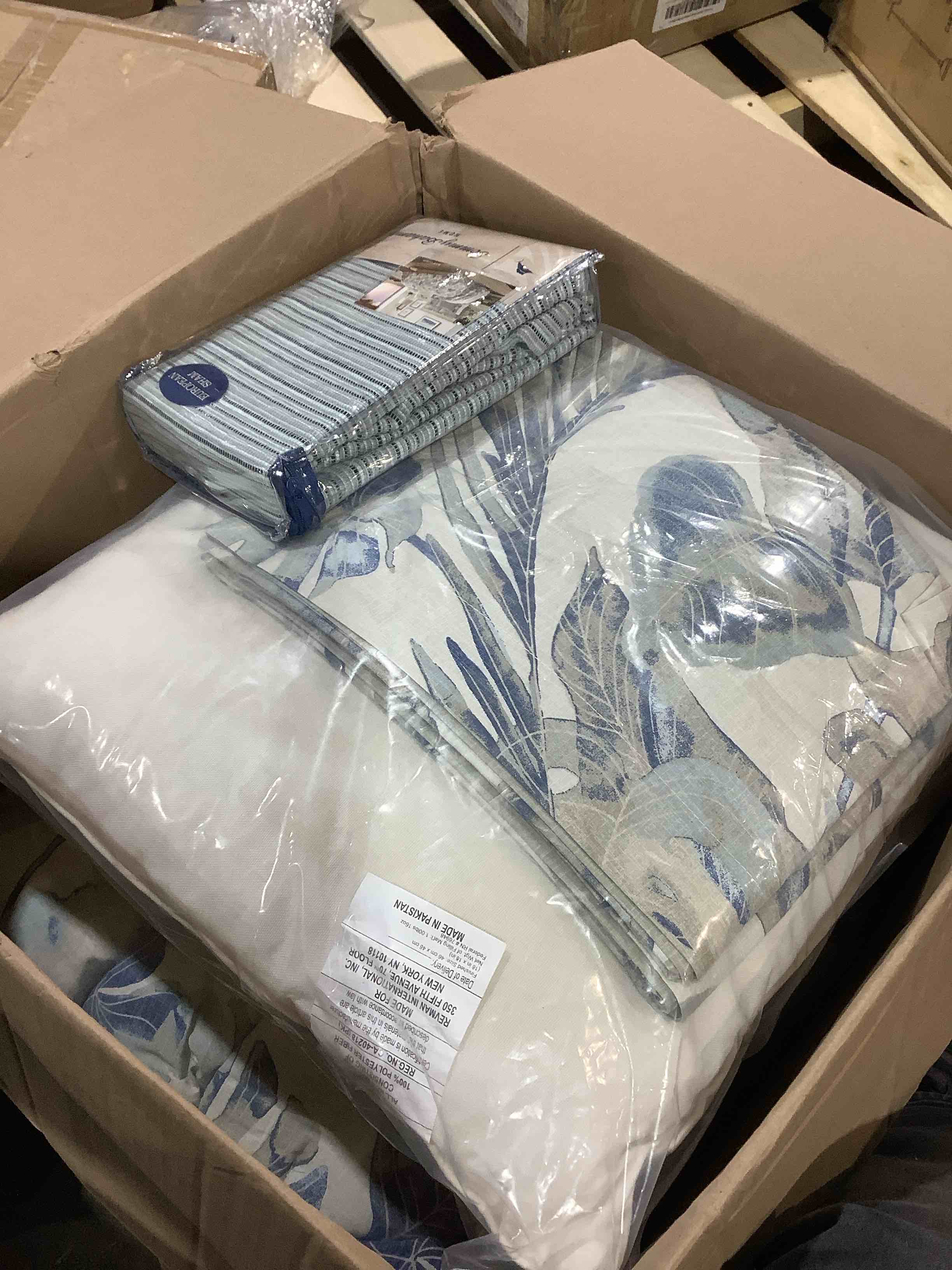 Condition photo showing New/Like New for Tommy Bahama raw coat, blue cotton, five piece comforter bonus set