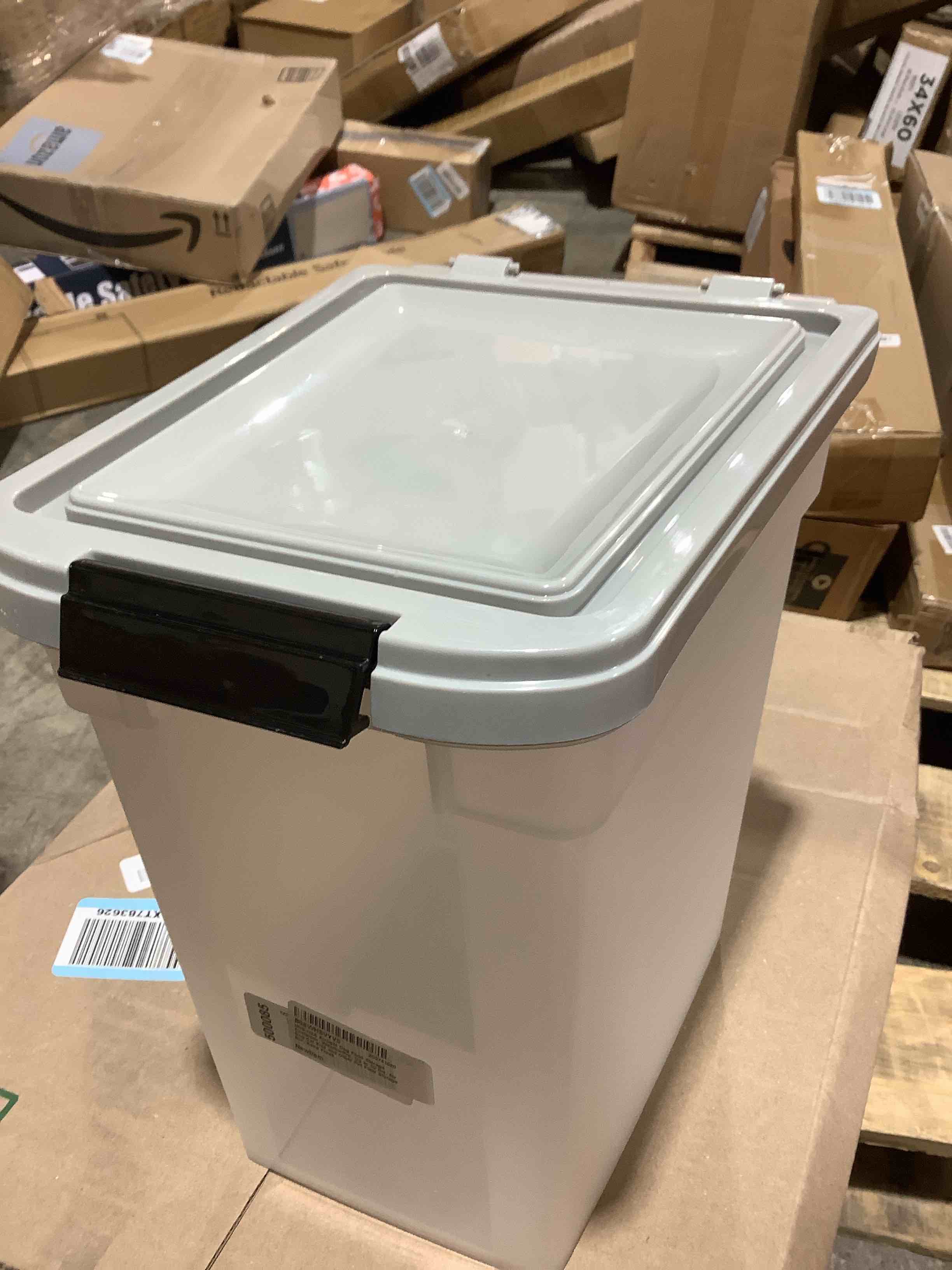 Condition photo showing Good Condition for IRIS USA Airtight Dog Food Storage Container, WeatherPro, Up to 10 lbs, Removable Wheels, for Dog Cat Bird and Other Pet Food Storage Bin, Keep Fresh, Translucent Body, Made in USA, Clear/Gray