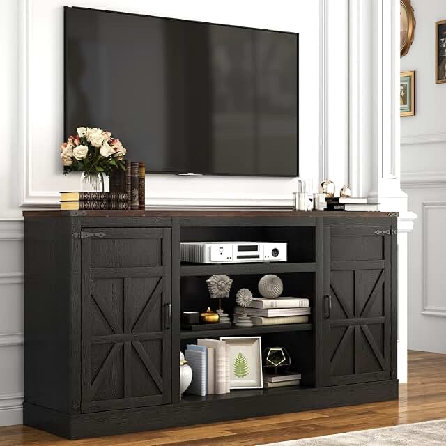 Farmhouse TV stand for 65 inch TV entertainment center with storage cabinets and drawers, black