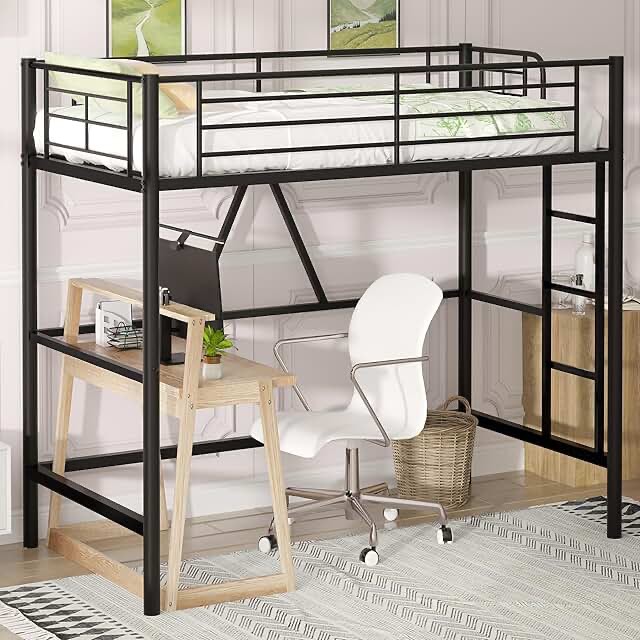 Bed Frame khd-t45-whe Metal Loft Bed with Desk, Twin Size Heavy Duty Bedframe with Removable Ladder and Safety Guardrail Black Bunk Bed
