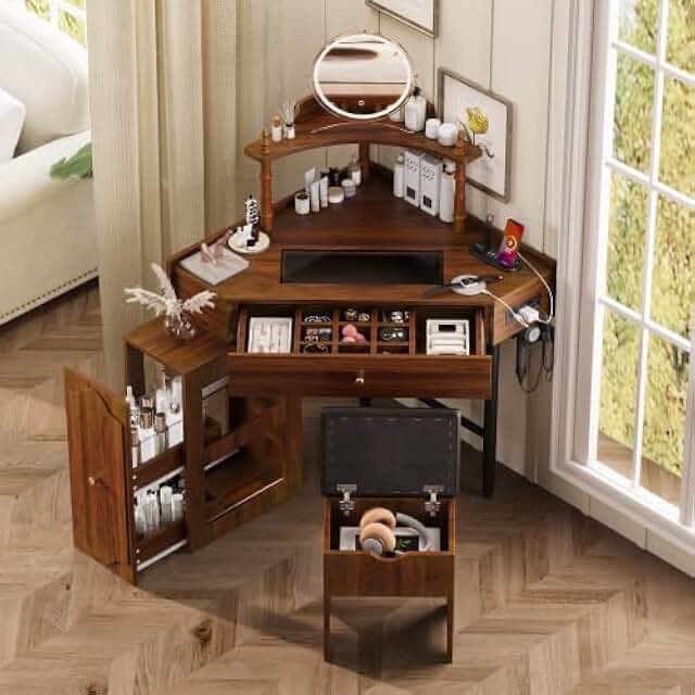 Corner vanity, desk, set with storage cushion, stool, and changing, walnut