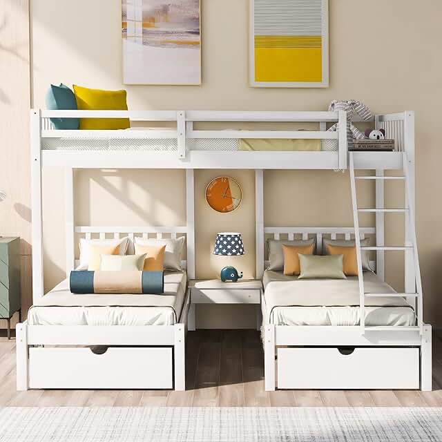 SEE DESCRIPTION Triple wood, bunkbeds over full with drawer and storage cabinet, white N708P232430K