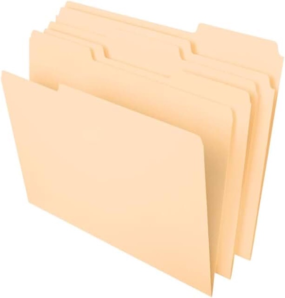 Three tab file folders, legal size manila, 100 folders per box