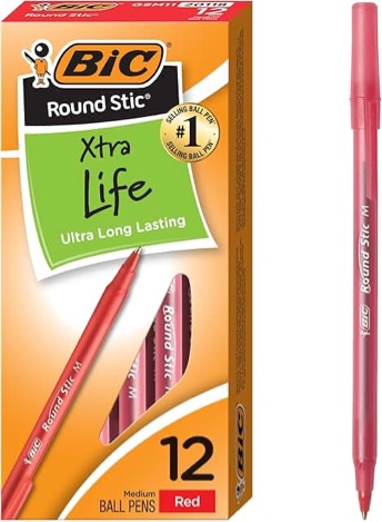BIC Round Stic Xtra Life Ballpoint Pen Stick Medium 1 mm Red Ink Translucent Red Barrel Dozen