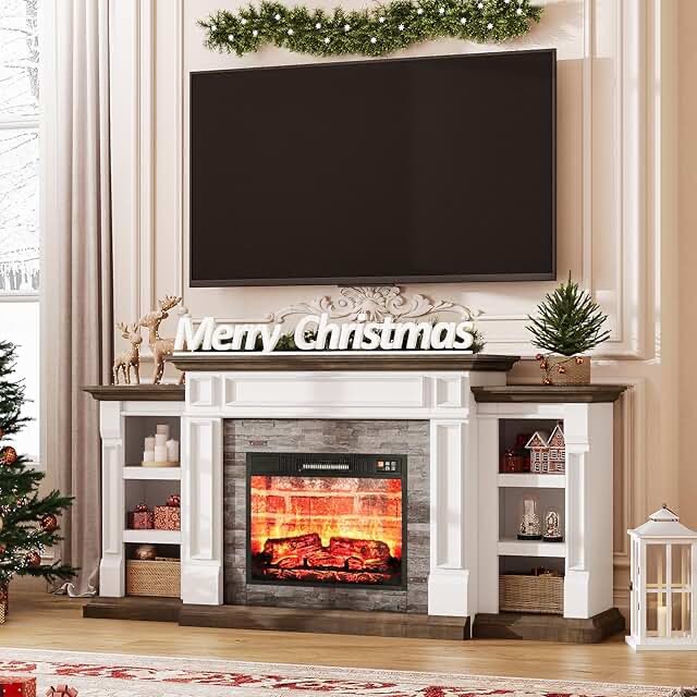Lghm 70" fireplace mantle only with bookshelves, white, and brown , no fireplace insert