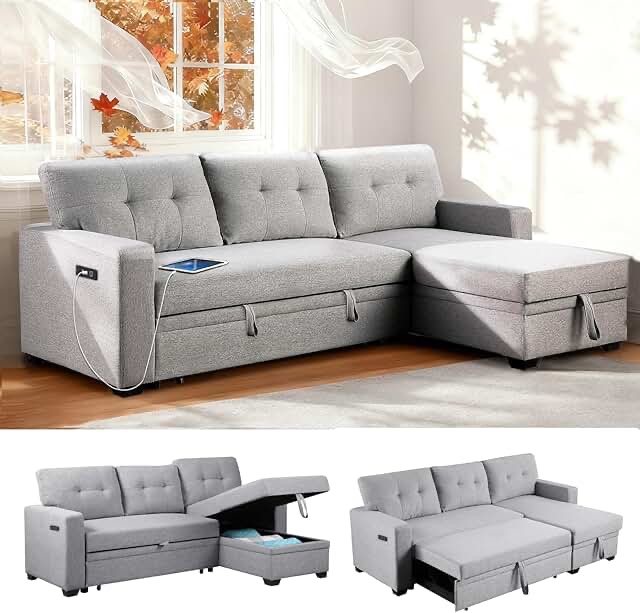 Convertible sleeper sectional sofa with pullout bed and hidden storage, beige, incomplete