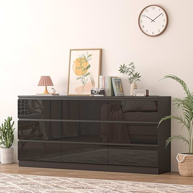 70" 9 drawers dresser with power outlet wide high gloss chest, black