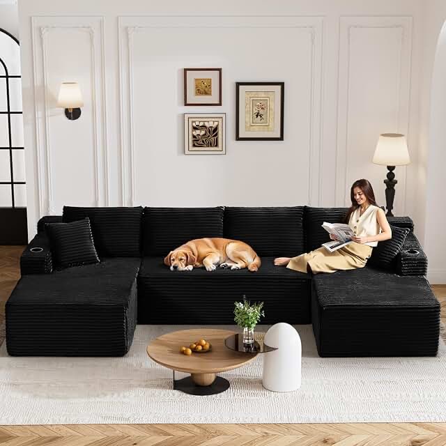 Oversize modular sectional fabric sofa set extra large couch, black, incomplete