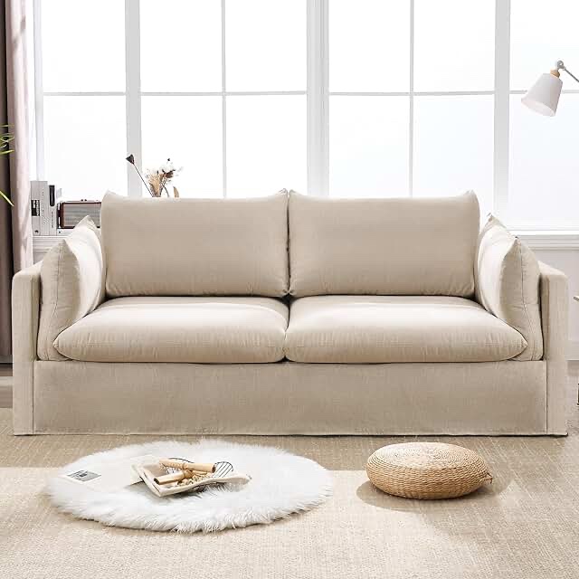 Modern slip cover three seater sofa, 90 inch living room, couch, beige linen fabric