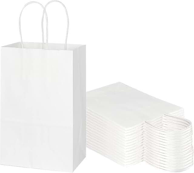 customizable 5.25x3.25x8.37 white kraft paper gem gift or retail bags with handles - perfect paper bag with handles for small business bulk, boutiques, retail vendors, gifts, thank you bags, groceries, shopping, or halloween treats - 50 to 5000 bags