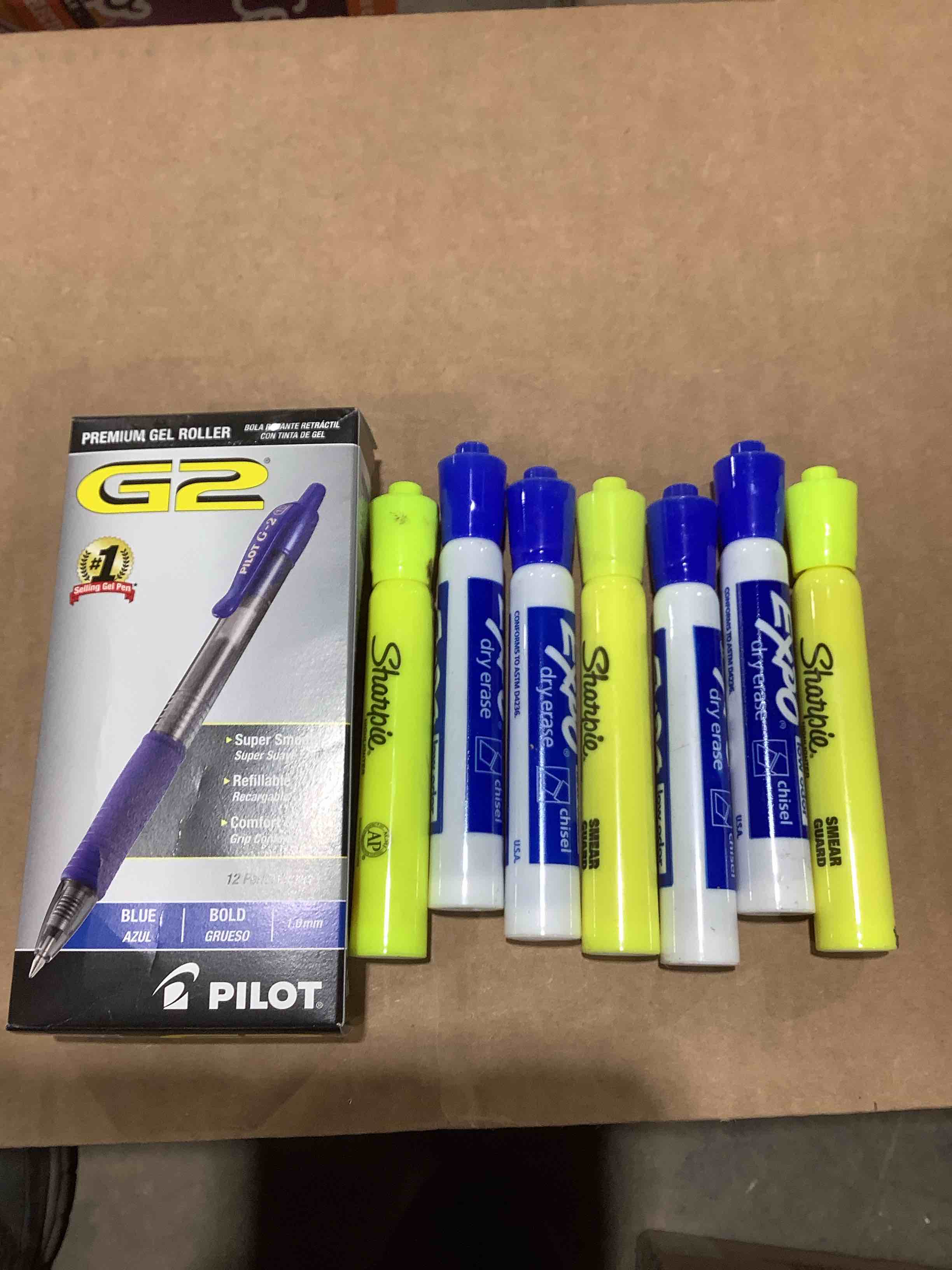 Pilot G2 10 count blue gel, roller pin and highlighters and expo dry eraser markers