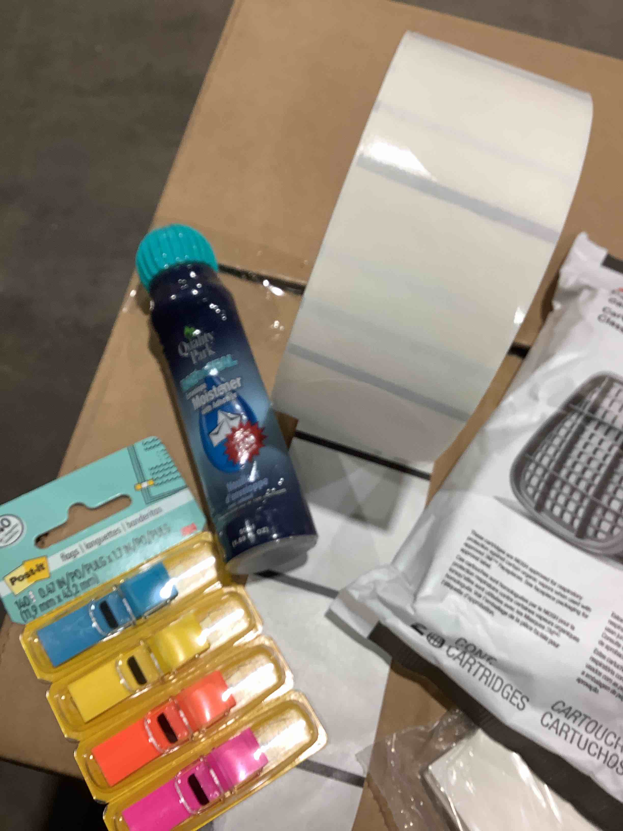 Condition photo showing New/Like New for Assortment of office supplies: Post-it notes, stickers roll, dab and seal moisturizer, 3M organic vapor cartridge