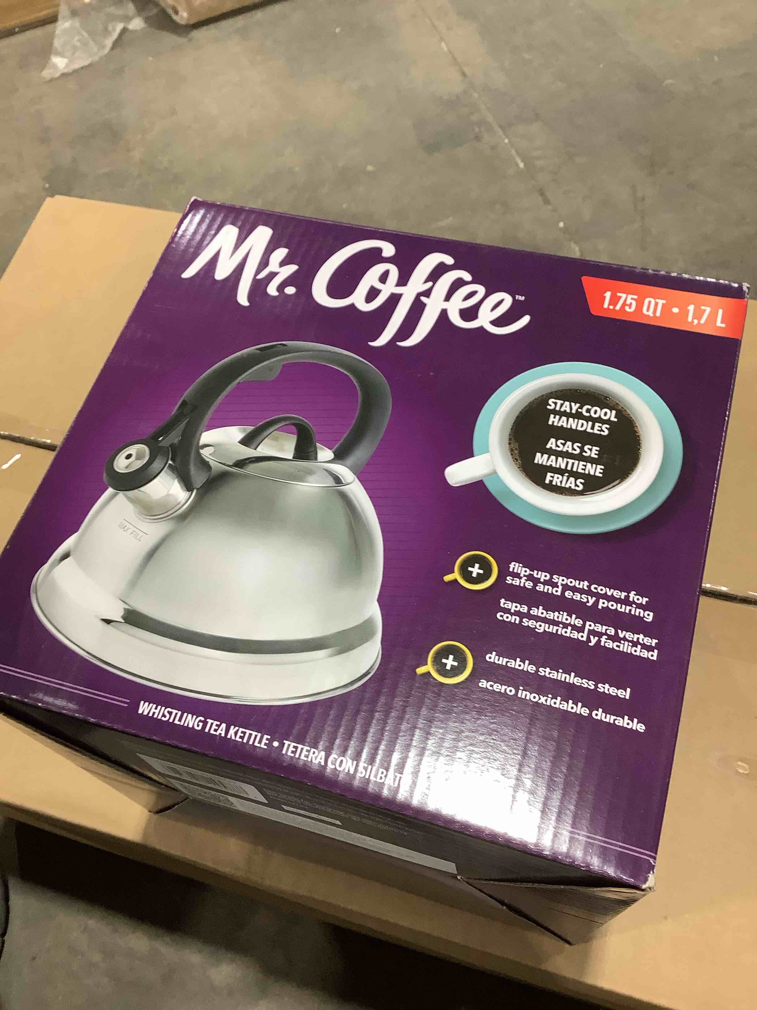 Condition photo showing New/Like New for Mr. Coffee Flintshire 1.75 Qt Stainless Steel Whistling Tea Kettle