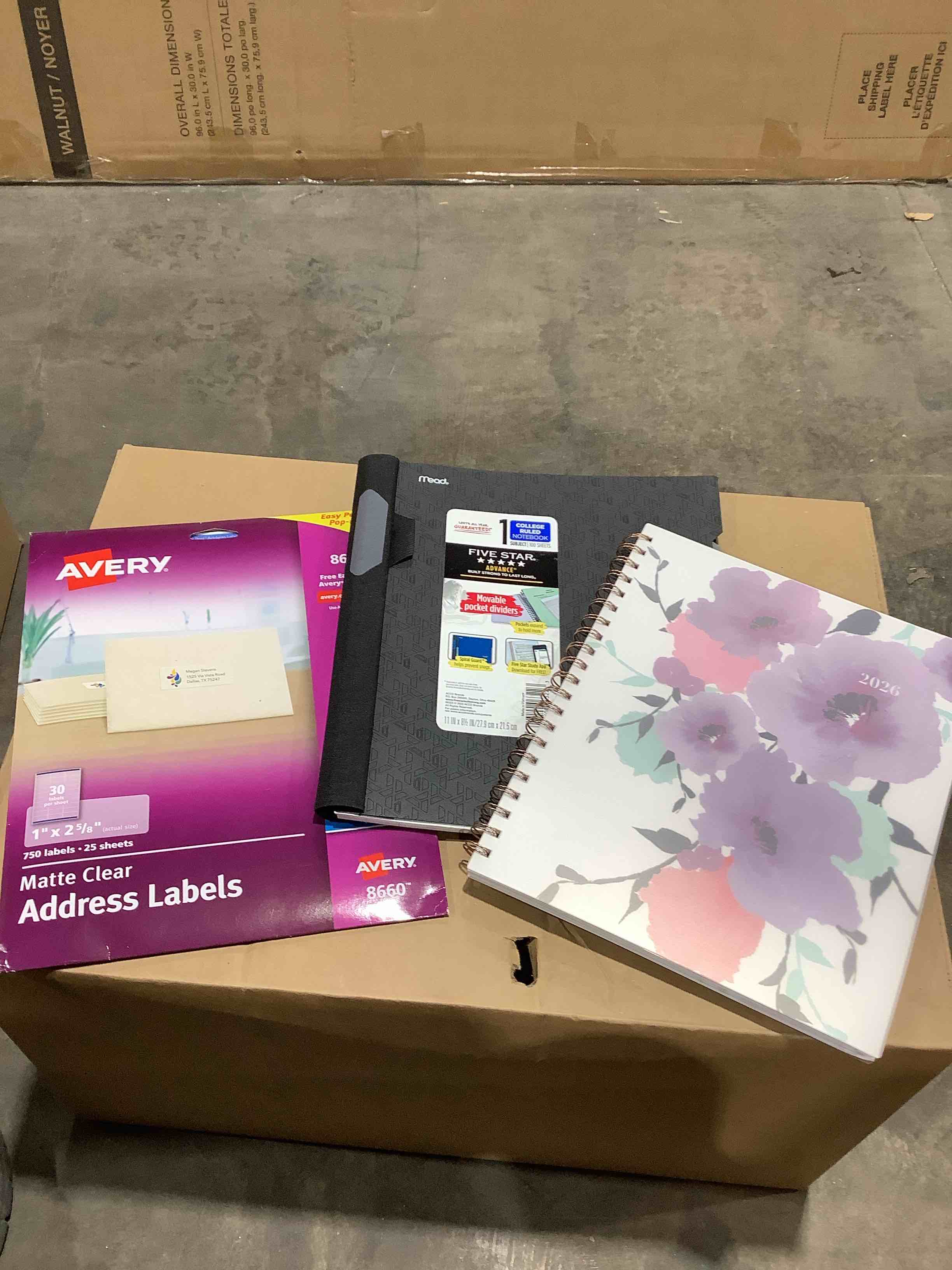 Assorted office supplies: Avery address labels, 2026 organizer, Mead college rule notebook