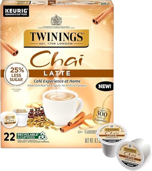 Twinings Chai Latte Black Tea Single Serve K-Cup Pods for Keurig, 22 Count Creamy, Slightly Sweet, Less Sugar, Caffeinated, Enjoy Hot or Iced