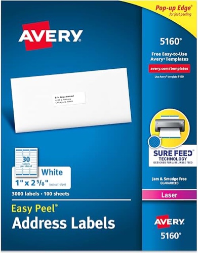 Avery Easy Peel Address Labels  Sure Feed Technology  Permanent Adhesive  1  x 2-5/8   3 000 Labels (5160)