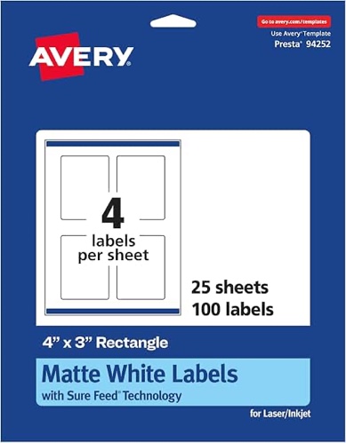 Avery 4” x 3” rectangular matte white paper for sure. Template 94252, 25 sheets.