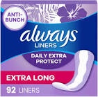 Always Anti-Bunch Xtra Protection, Panty Liners for Women, Light Absorbency, Extra Long Length, Leakguard + Rapiddry, Unsented, 92 Count