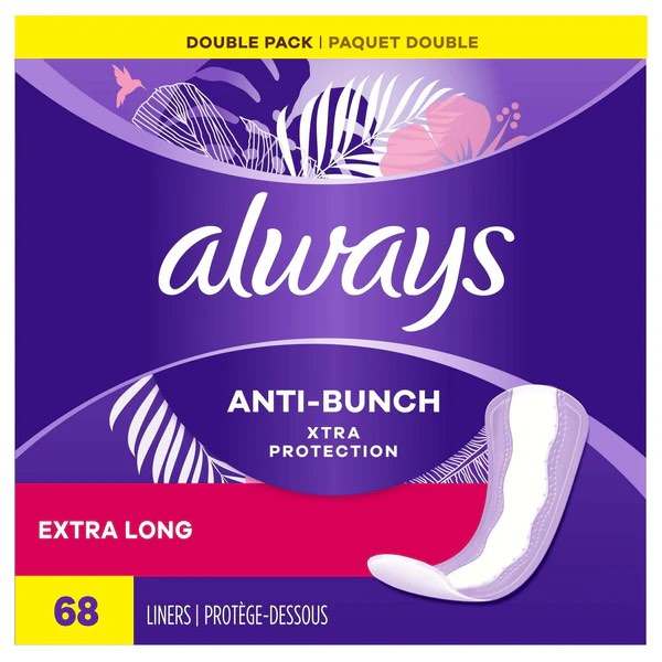 Always Anti-Bunch Xtra Protection, Panty Liners For Women, Light Absorbency, Extra Long Length, Leakguard + Rapiddry, Unsented, 68 Count