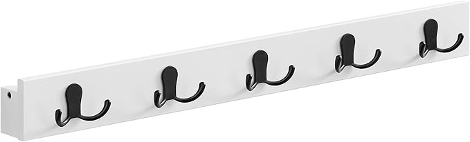 SONGMICS LCR005W01 Wall Mounted Coat Rack with Shelf, 5 Double Metal Hooks, Space-saving, Bedroom Entrance, 25 kg Load Capacity, Cloud White