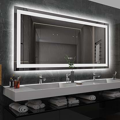 LED lighted bathroom mirror dimmable three color, vanity, mirror with lights, anti-fog, tempered glass