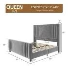 Tole velvet upholstered platform bed with vertical channel tufted headboard, gray