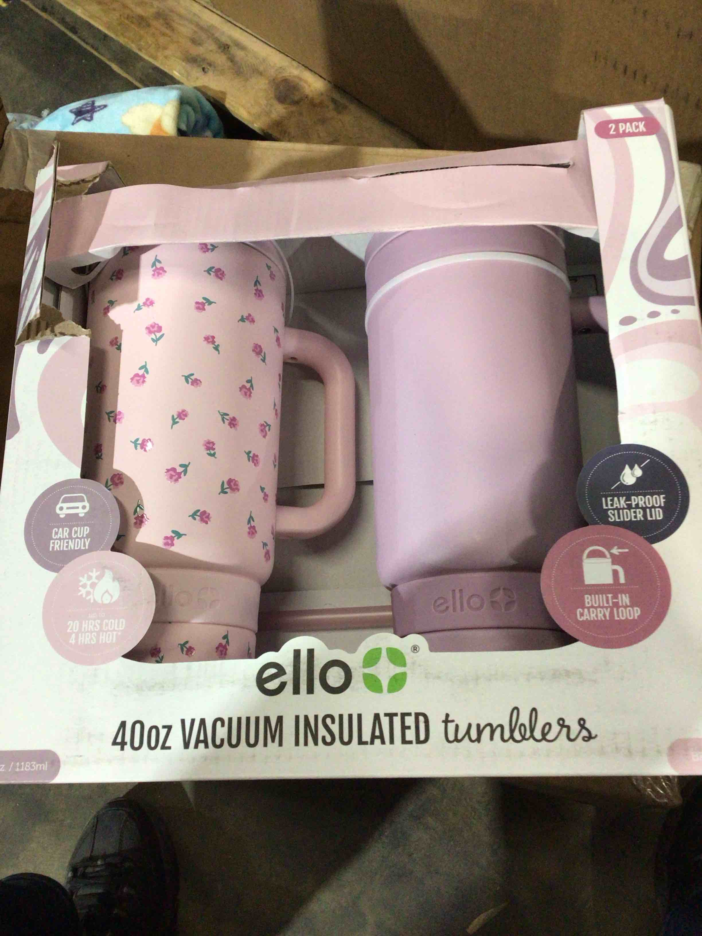 Ella 40 ounce vacuum, insulated tumblers, 2Pac, pink, and violet