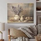 Lavender farmhouse still life, herbs, wood wall art on natural pine