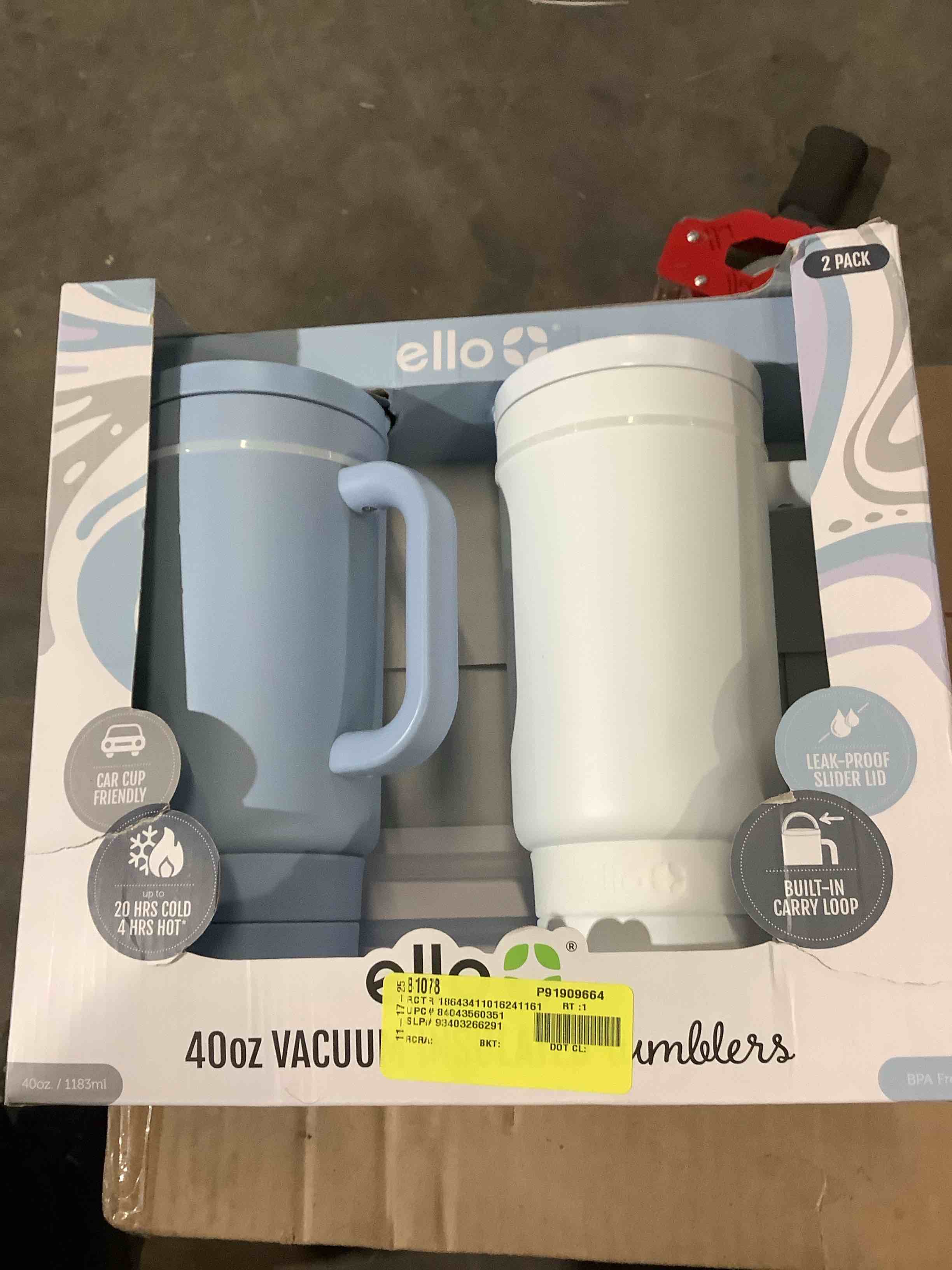 Ello Tupac, 40 ounce vacuum, sealed tumblers, blue, and white