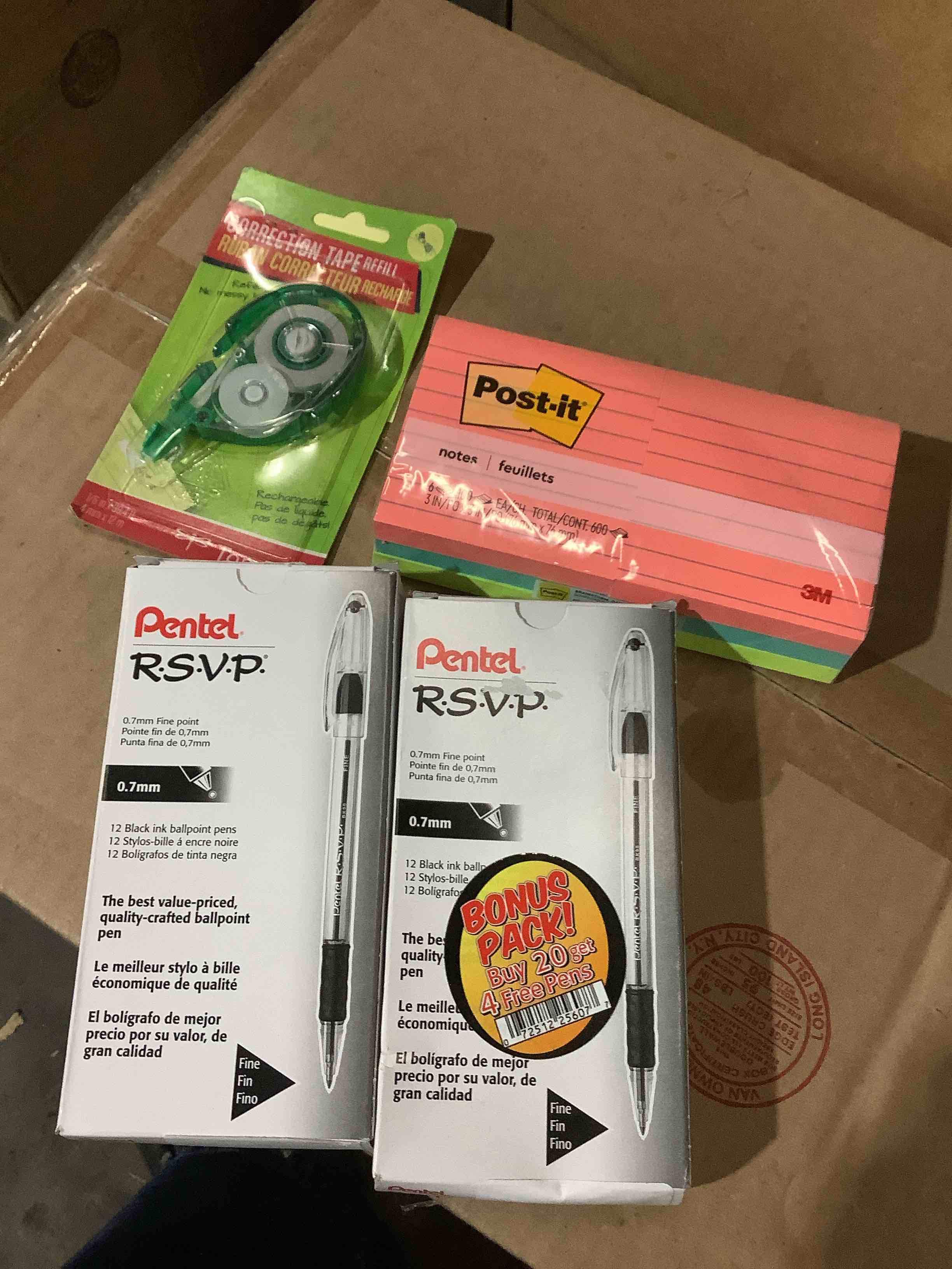  Assorted office supplies: Post-it notes, pen, RSVP pins, and correctional tape refill