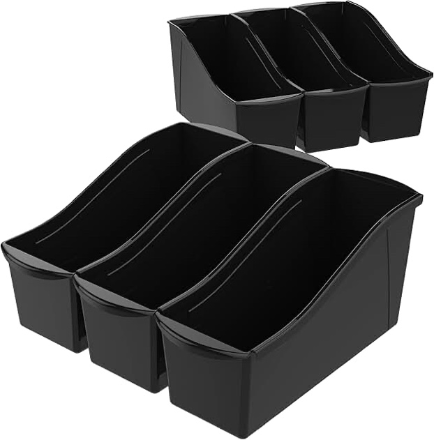 Storex Large Plastic Book Bin Kids Paper Storage Black 6 Per Pack