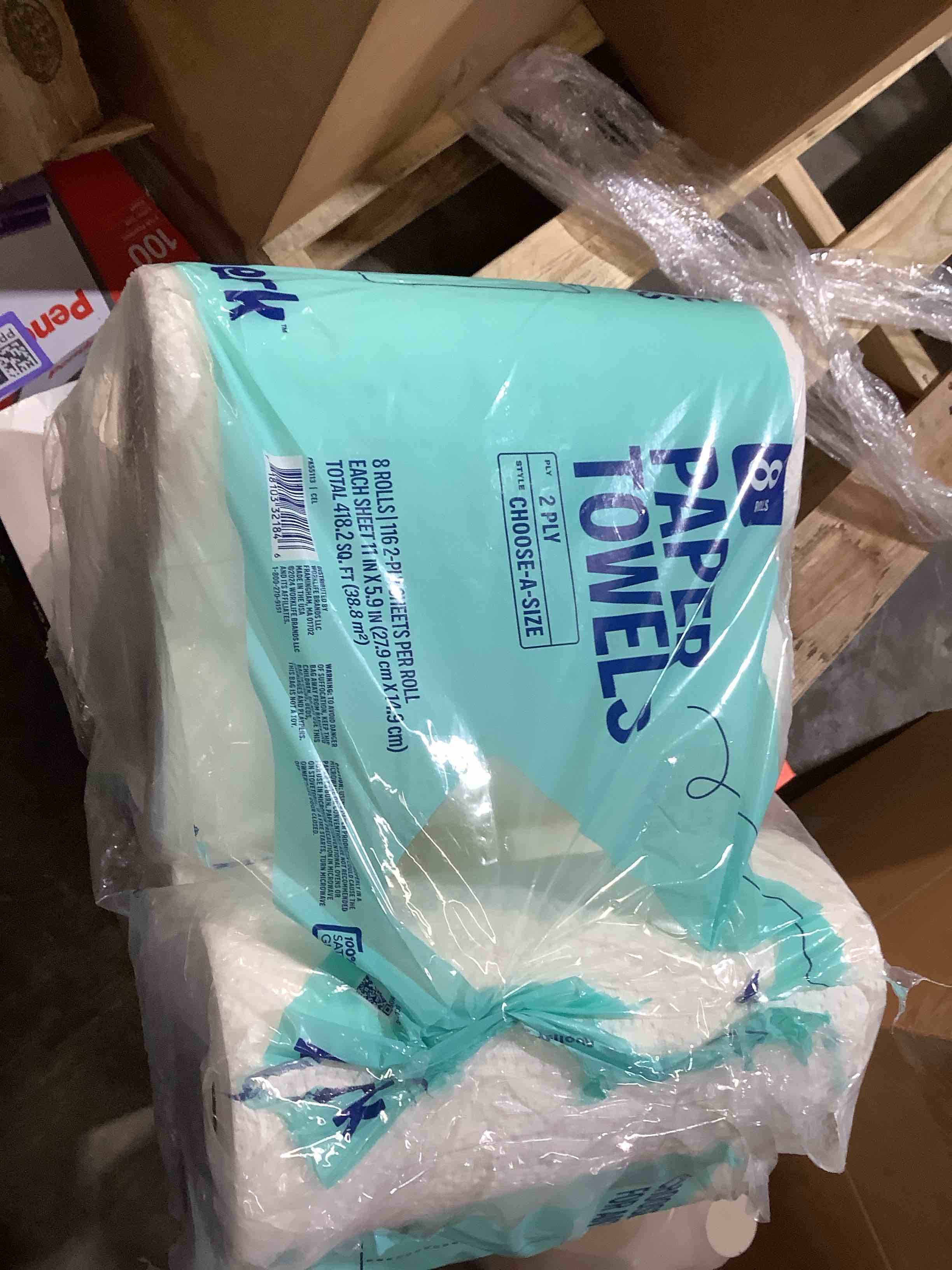 Six rolls, paper towels, two ply shoes, a size