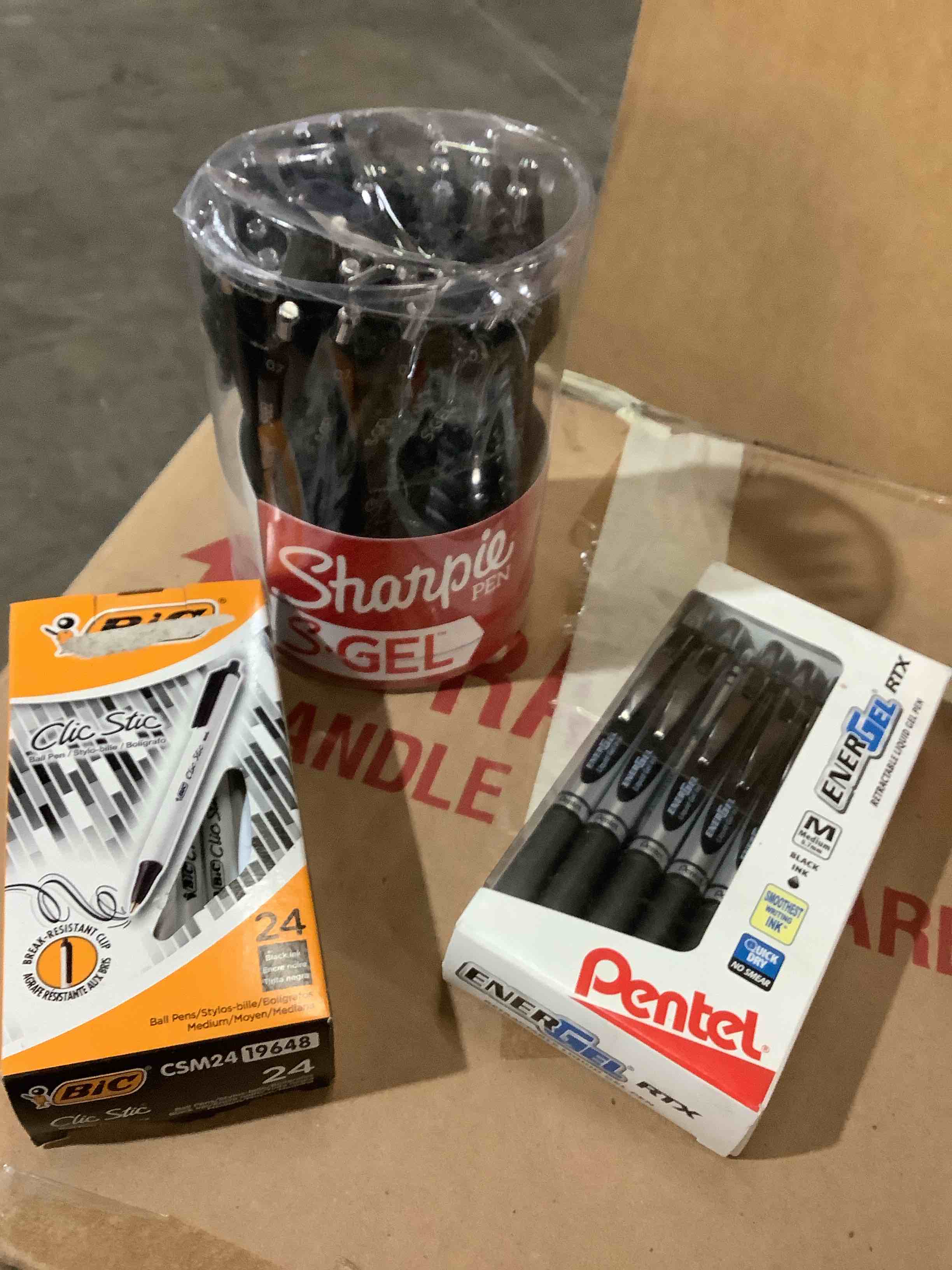 Assorted office supply, pens; sharpie shel, bic pens, pen tel