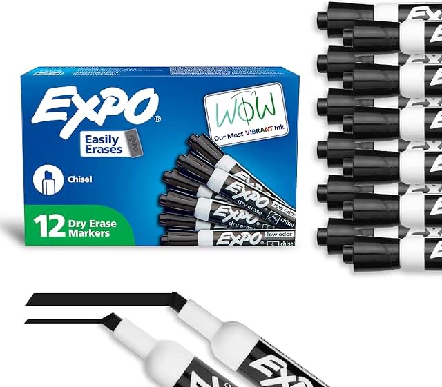 EXPO Low Odor Dry Erase Marker Chisel Tip Black 12 Count