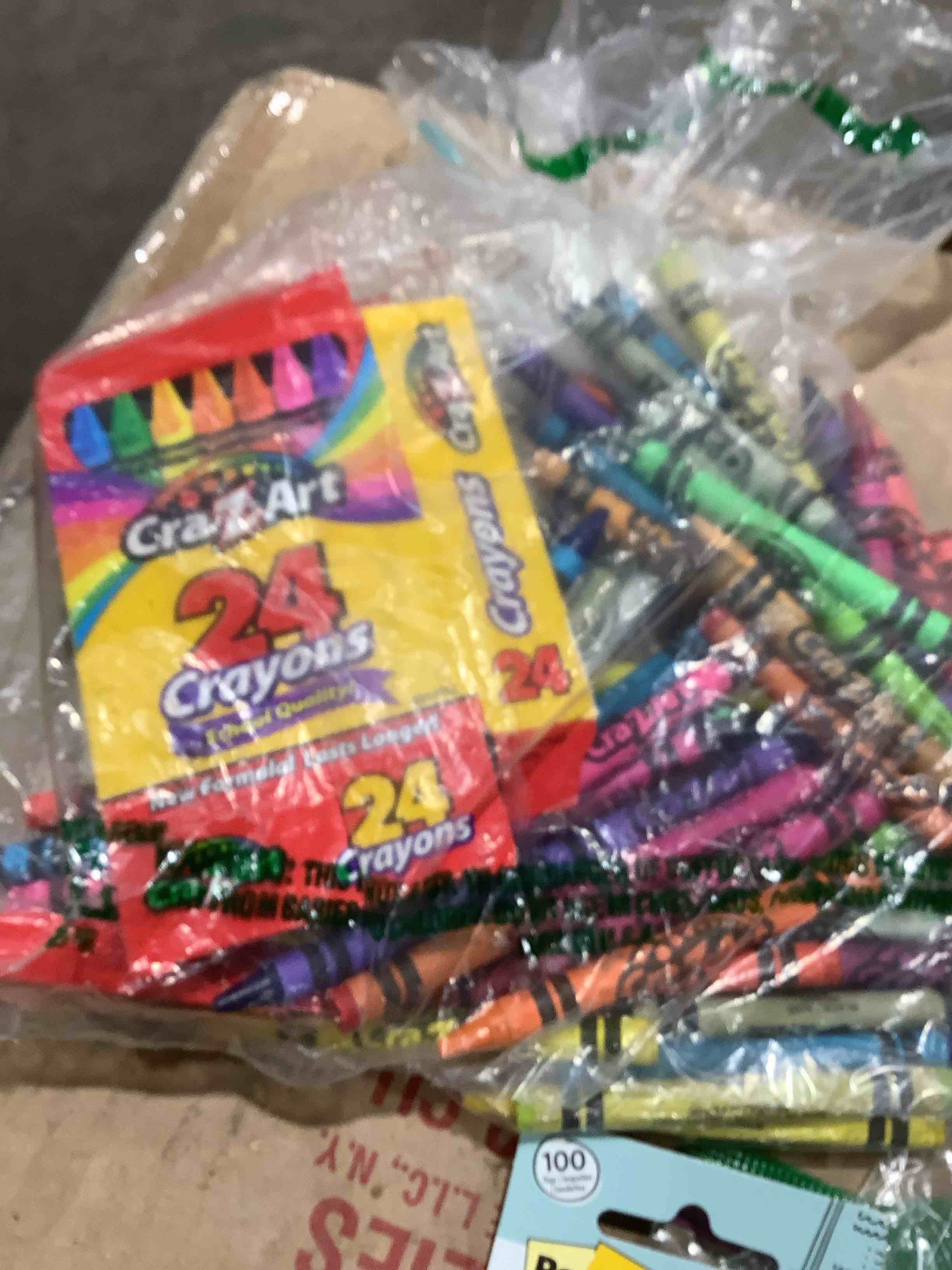 Condition photo showing Good Condition for Sorted office supplies: Post-it notes, roll a deck, 100 cards, crazy art 24 crayons at least two packs