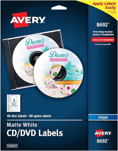 Avery CD Labels, Matte White, 40 Disc Labels and 80 Spine Labels (8692)