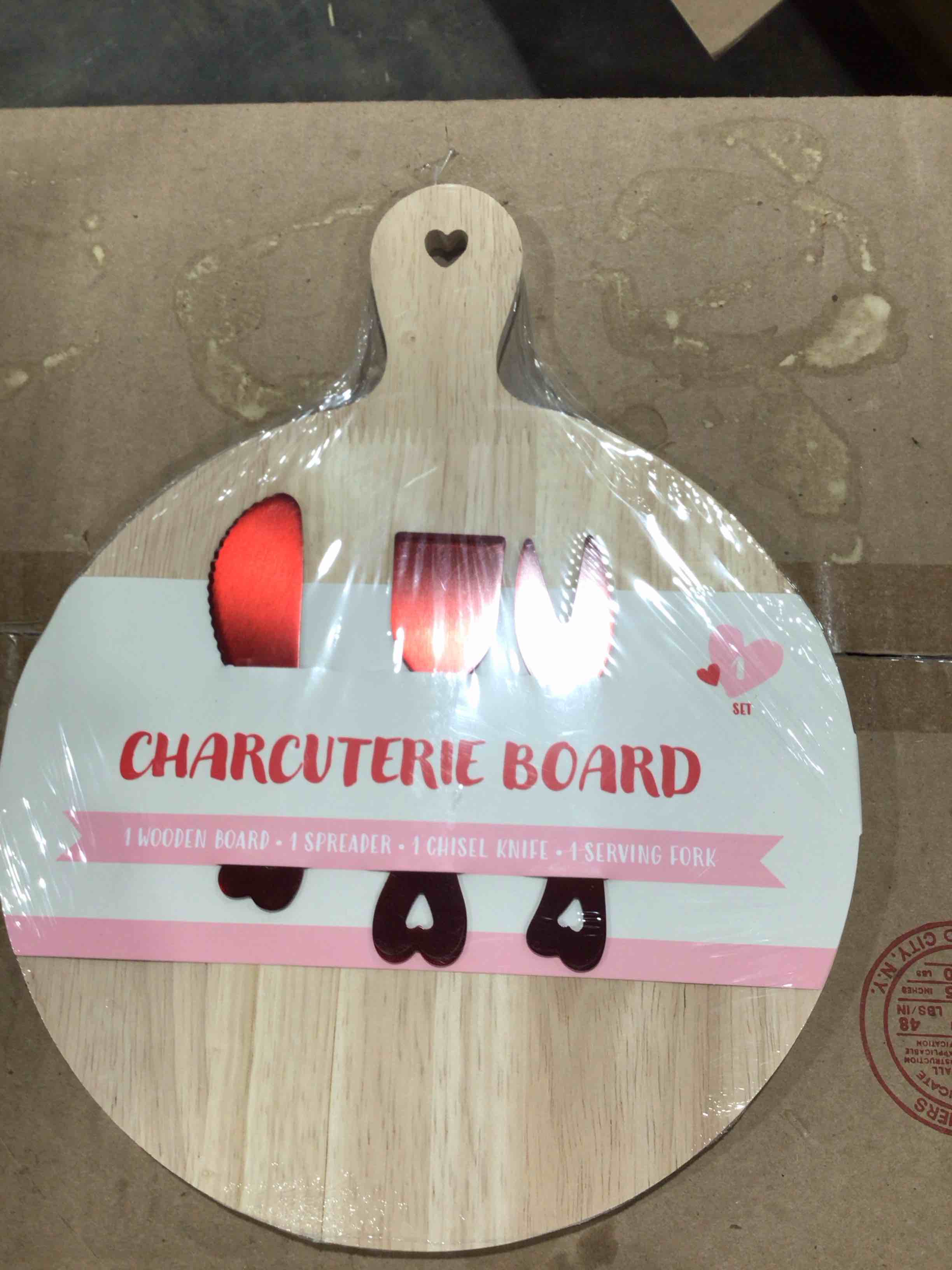  Charcuterie, board, one wooden board, one spreader, one chisel knife, one serving fork