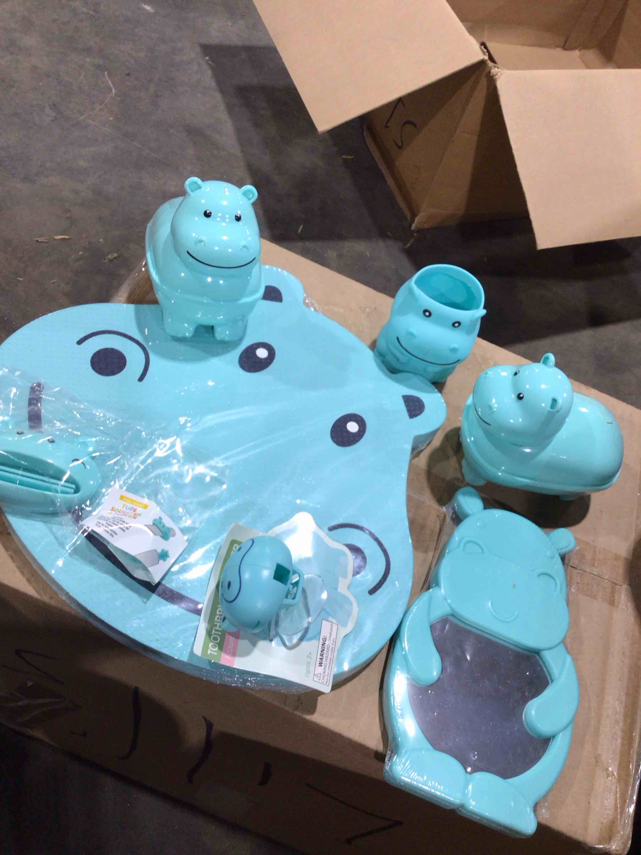 Hippo bathroom, set: toothbrush cover, mirror, Cup, tube squeeze, soap dish, Bath tub, spout, cover