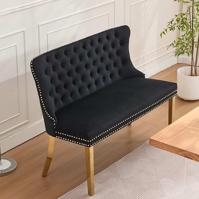 Black upholstered, dining bench with button turf buttons